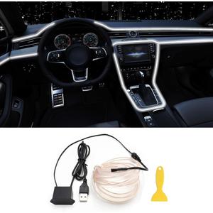 EL Wire Interior Car LED Strip Lights, 16.5FT USB Neon Glowing Strobing Electroluminescent Wire Lights with 6mm Sewing Edge, Ambient Lighting Kits for Car Indoor Decoration (White)