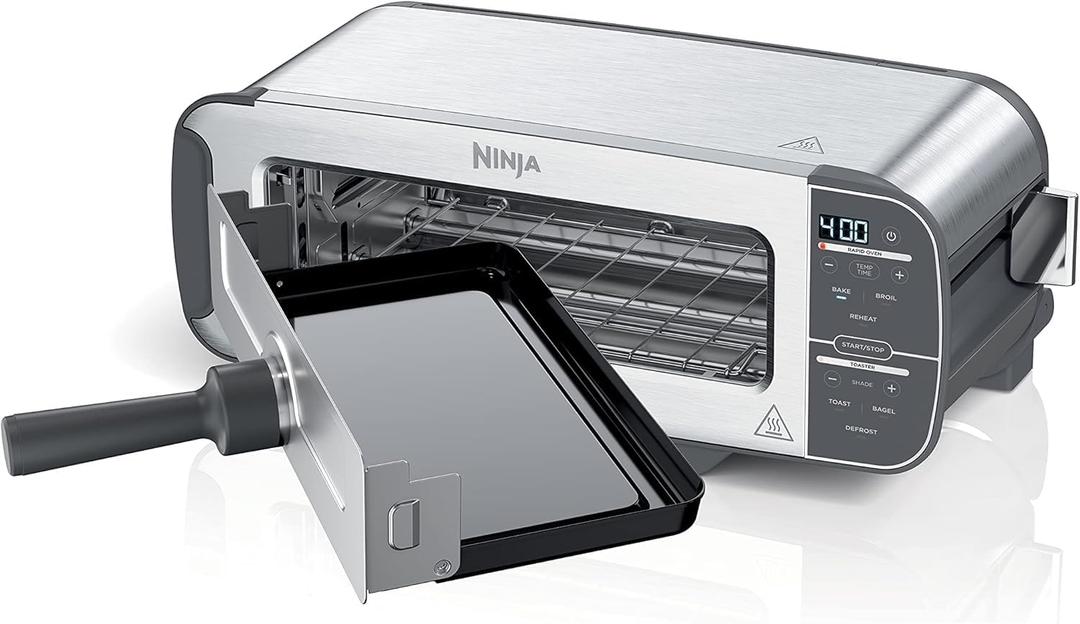 Ninja ST100 Foodi 2-in-1 Flip Toaster, 2-Slice Capacity, Compact Toaster Oven, Snack Maker, Reheat, Defrost, 1500 Watts, Stainless Steel, 6 Functions
