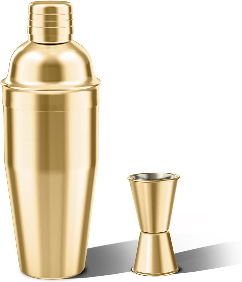 LUCKYGOOBO Cocktail Shaker with Double Measuring Jigger,18/8 Stainless Steel 24oz Martini Shaker Set,Drink Shaker Built-In Strainer,Bartender Kit. (Gold)