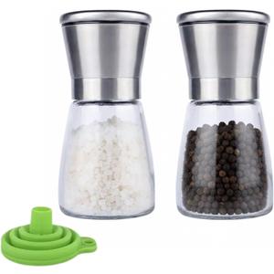 NAZANIN Salt and Pepper Mill Set (2 Pack) - Refillable Glass Bottles with Stainless Steel Grinders - Adjustable Ceramic Coarseness, 5oz, Includes Green Filling Funnel