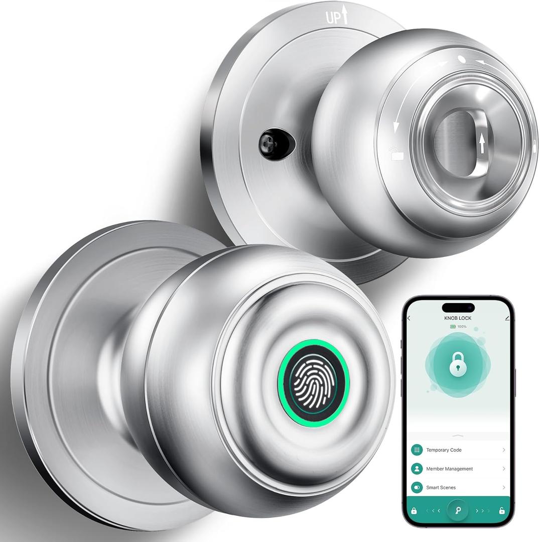 KLLOQUE Fingerprint Door Lock, Smart Fingerprint Door Knob with Lock, Biometric Door Locks with App Control & Key, Keyless Thumbprint Entry Door Locks for Bedroom, Front Door, Home, Apartment-Silver