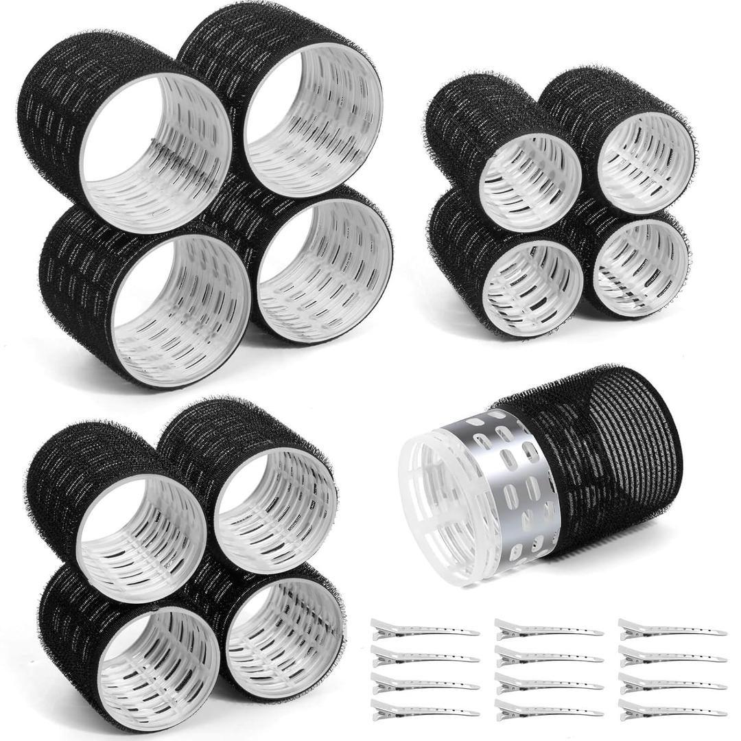 Thermal Rollers for Hair, 24PCS Jumbo Rollers Hair Curlers with Clips, Large Roller with 63mm 48mm 36mm Self Grip Thermal Hair Roller for Long Medium Short Hairs Volume (Black)