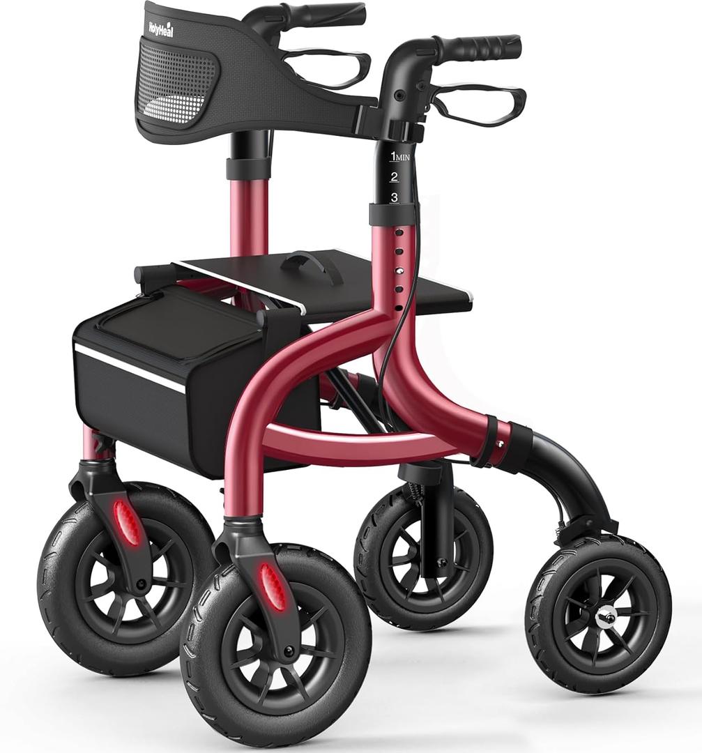 Walkers for Seniors, Rollator Walker with Seat and Backrest, 10" Big Wheels All Terrain, Rolling Walker Foldable Supports 350lb, Lightweight & Height Adjustable, Cane & Cup Holder, Burgundy