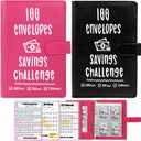 2 Pack 100 Envelopes Money Saving Challenge, Cash Budget Planner A5 Binder, Savings Challenges Book Organizer Folder, with 3 Tracker to Save $5,050 and $2,600, $300, 100 Pre-numbered Pockets, Black & Red