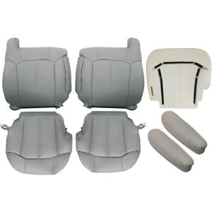 SecosAutoparts Driver & Passenger Bottom & Top Lean Back & Armrest & Driver Foam Cushion Gray#922 Leather Seat Cover Compatible with Chevy Silverado Tahoe Sierra Suburban Avalanche 1999 2000 2001 2002