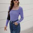 IWD Womens Striped Long Sleeve Shirts Slim Fit Square Neck Tops 2026 Spring Lightweight Knit Pullover Sweater (M)