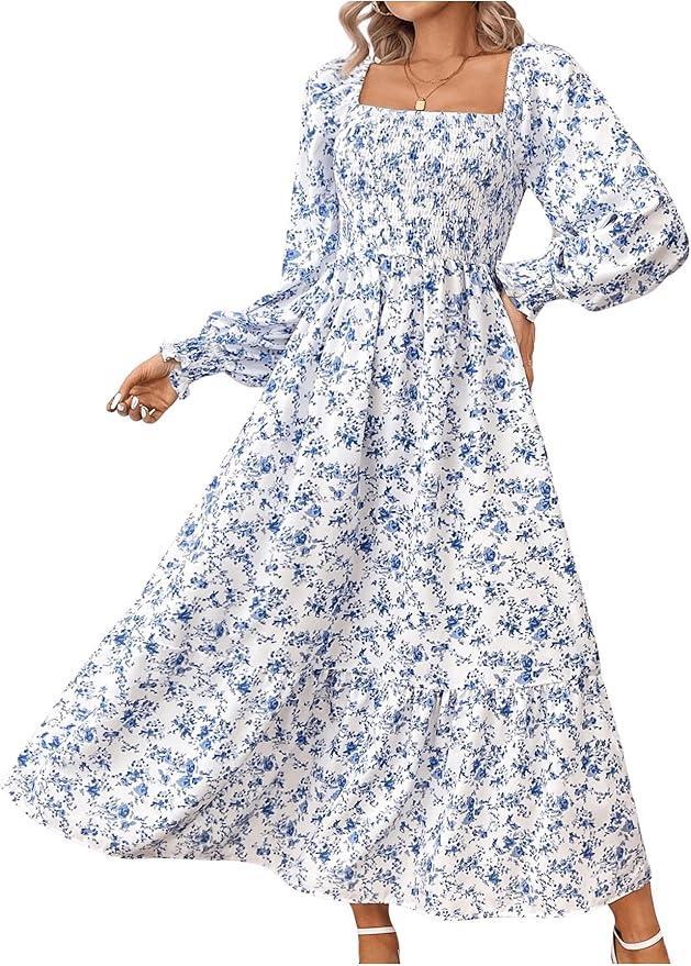Women's Floral Lantern Long Sleeve Dress Square Neck Ruffle Hem Dresses Shirred A Line Vacation Dresses Medium