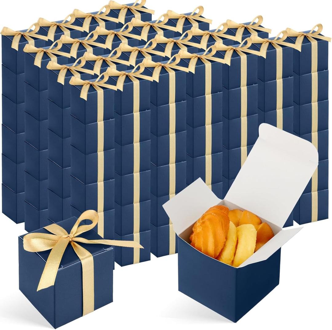 Jutom 100 Pcs Mini Favor Boxes Extra Small Candy Boxes Paper with Gold Ribbon for Baby Shower Birthday Wedding Anniversary Supplies(2 x 2 x 2 Inch,Navy Blue)