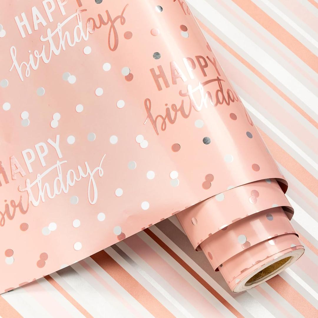 LeZakaa Reversible Pink Birthday Wrapping Paper Roll for Girls Women, Happy Birthday Lettering & Stripe Pattern with Metallic Foil in Pink, Mini Roll, 17 inches x 32.8 Feet (46.45 sq.ft.)