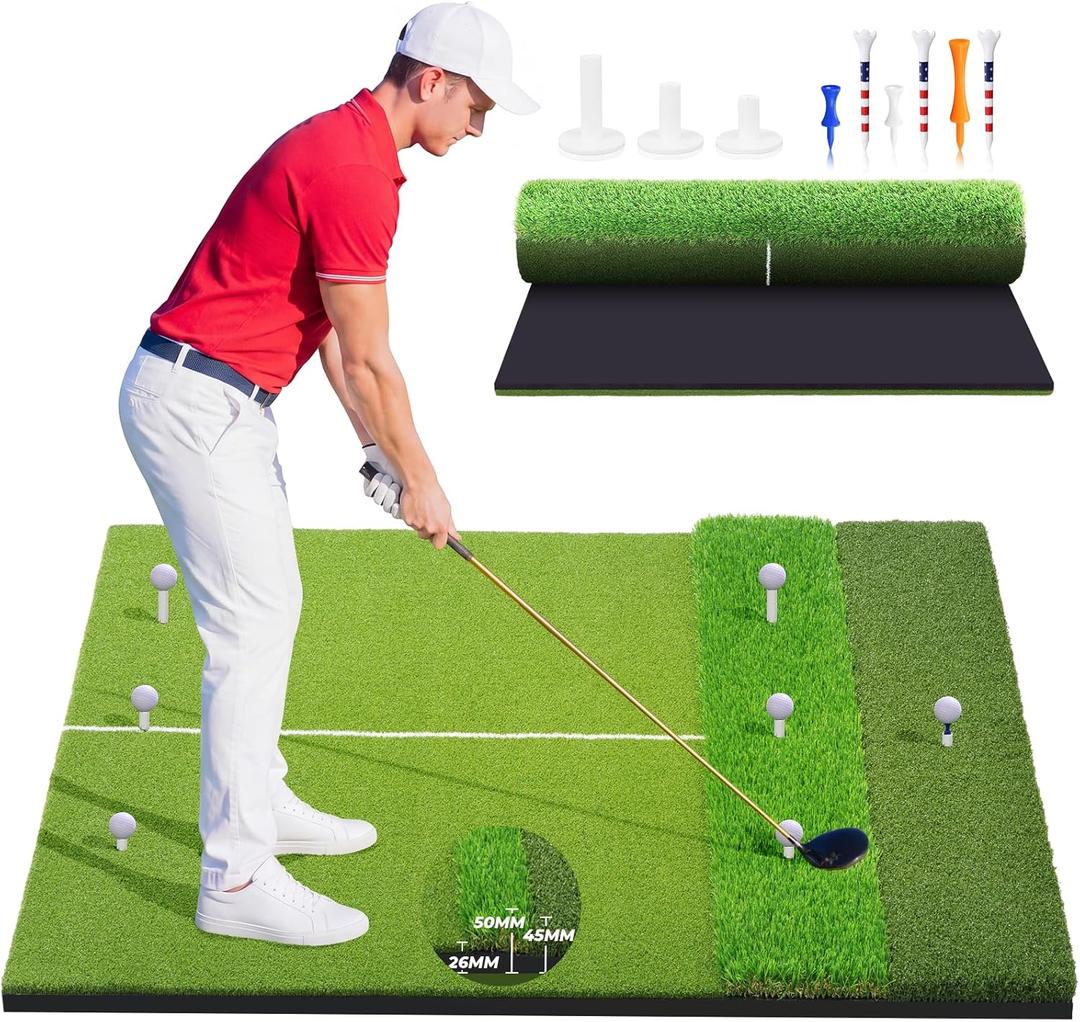 5x4ft & 6x4ft Extra Large Golf Hitting Mat, 26mm Thick Tri-Turf Golf Practice Mat for Indoor Outdoor Training, 3-in-1 Professional Golf Turf for Driving, Chipping & Swinging, Gifts for Him Men Women, 5x4ft Tri-Turf Sized