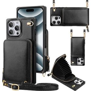 JAKPAK for iPhone 16 Pro Max Case with Card Holder Phone Wallet Case Zipper Leather Cover with Crossbody Lanyard Cell Pocket RFID Blocking Handbag Purse for iPhone 16 Pro Max Case 6.9inch Black
