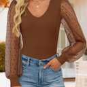 ZESICA Women's Sexy Mesh Puff Long Sleeve Going Out Tops V Neck Ribbed Knit Shirts Dressy Work Blouses 2026 Fall Outfits (Brown, L)