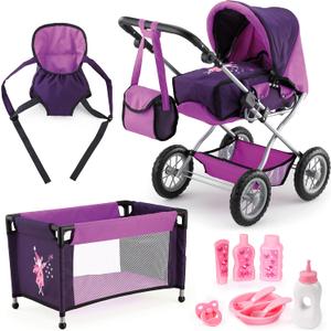Bayer Design Baby Doll Pram Combi Grande Set - Purple - Modern Convertible Doll Stroller with Removable Carrycot