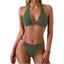 SOLY HUX Women's Halter Bikini Set V Neck Ring Linked Bathing Suit Summer Beach Two Piece Swimsuit M