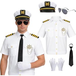 Men's Sailor Captain Short-Sleeved Yacht Party Costume, Adult Yacht Accessories Set with Captain Hat Suitable (Large)