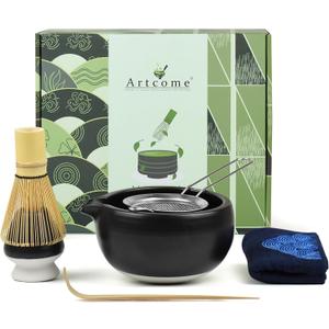 Artcome 7 Pcs Complete Matcha Ceremony Kit for Tea Ceremony, Bowl with Pouring Spout, Whisk, Tea Scoop, Matcha Powder Strainer, Matchatools For Making Usucha, Koicha and Matcha Latte (Black)