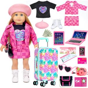 American 18 inch Doll Clothes Accessories Girl Suitcase Luggage Travel Set-Doll Clothing Hat Handbag Sunglasses Camera Computer Passport Cell Phone for Valentine's Day Birthday(NO Doll)