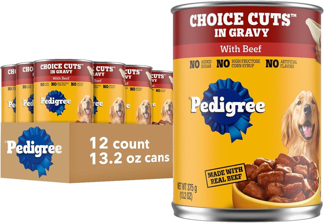 Pedigree Wet Dog Food, Choice Cuts Adult Canned Dog Food with Beef, 13.2 oz. Cans, 12 Count (EXP 08/25/28)