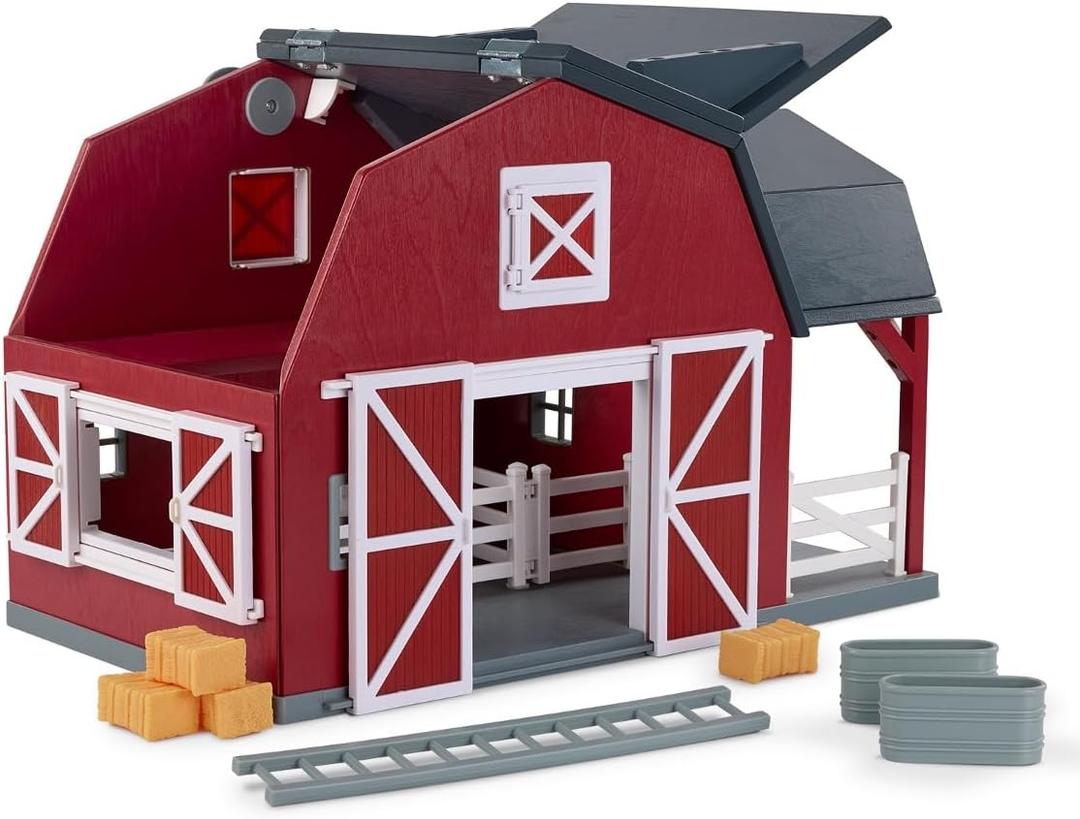 Terra by Battat - Wooden Animal Barn Toy Set with 20 Pieces - Farm Animals Toys for Kids 3-5 Years - Foldable Roof, Hay Bales, Pulley & Fences - Screen-Free Toddler Toys for Pretend Play  Wooden Barn