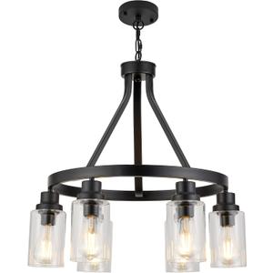 6-Light Farmhouse Chandelier Light Fixture Dining Room Lighting Fixtures Hanging Wagon Wheel Chandelier Kitchen Island Pendant Lights Modern Black Industrial Rustic Adjustable Height Metal