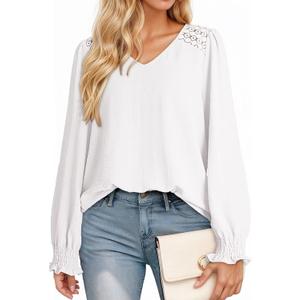 Dokotoo Womens Fall Fashion 2025 Business Casual V Neck Long Sleeve Lace Trim Tops with Smocked Cuffs Loose Blouses (White, S)