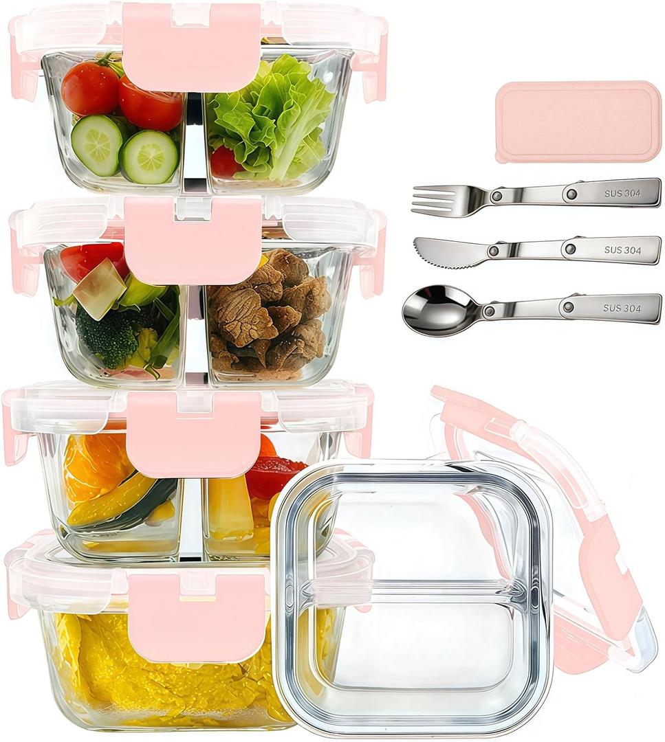 5 Pack Bariatric Meal Prep Containers, 8 oz Bariatric Bowls for Portion Control, Reusable Glass Snack Food Containers with Lids & Folding Spoon & Fork & Knife, Bariatric Must Haves (Pink)
