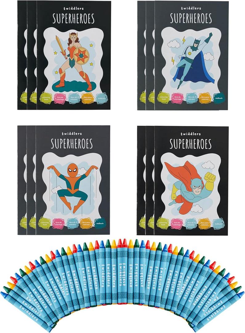 THE TWIDDLERS - 12 Bundle Pack Coloring Books with 48 Crayons & 216 Stickers (Superhero) - Mini Coloring Books for Kids Ages 4-8, DIY Art Drawing Activity Book for Toddlers, Birthday Party Favors