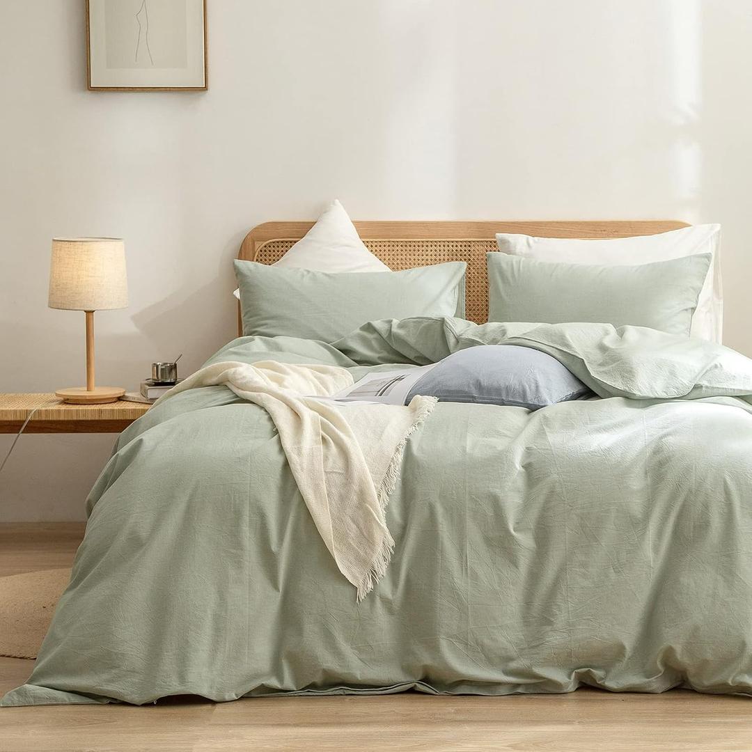 BESTOUCH Duvet Cover Set 100% Washed Cotton Linen Feel Super Soft Comfortable Chic Lightweight 3 PCs Home Bedding Set Solid Sage Green Super King Plus