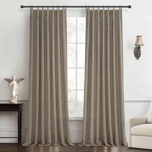 Thick Linen Pinch Pleated Sheer Curtains 96 Inches Long 2 Panels Set for Living Room Bedroom, Memory Trained Pinch Pleat Dark Flax Boho Drape Light Filtering Privacy Sliding Glass Door Burg 8ft Length