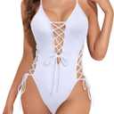 Tempt Me Women Sexy Lace Up One Piece Swimsuit Deep Plunge V Neck High Cut Bathing Suits (XX-Large, White)