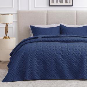 Love's cabin California King Size Quilt Bedding Set Navy Bedspreads - Cal King Summer Quilt Lightweight Bedspread- Wave Pattern Coverlet for All Season - 3 Piece (1 Quilt, 2 Pillow Shams) (Cal King (118"x106"), Wave Pattern Navy)