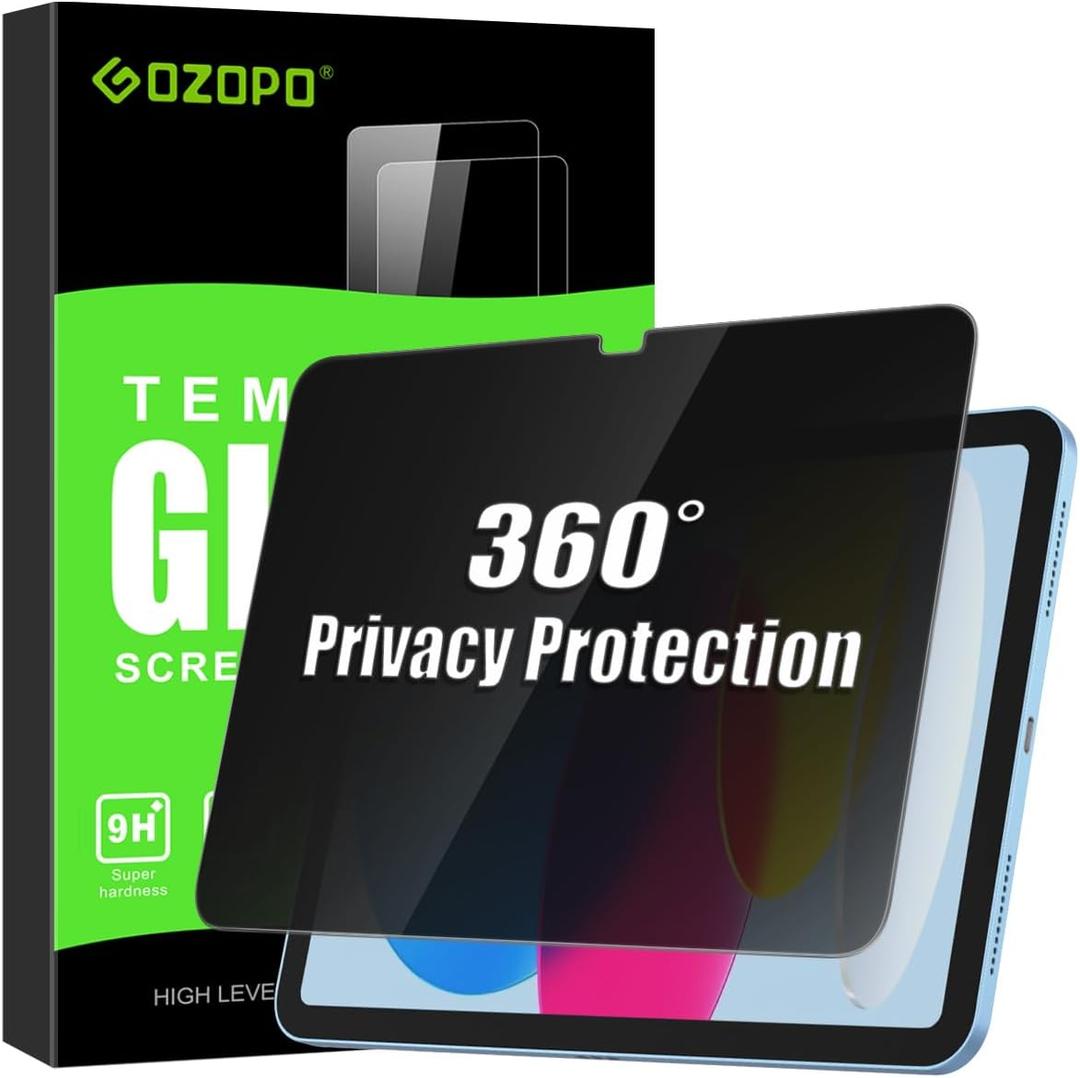 360 Privacy Screen Protector for iPad A16 11th /10th Generation 10.9" (2025/2022) - Tempered Glass, Anti-Spy Private Filter, Bubble-Free, Face ID & Apple Pencil Compatible