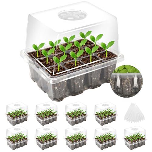 MIXC Seed Starter Tray with Elevated Lid, 120 Cells Seed Starter Kit with Adjustable Humidity Dome, Drainage Hole, Clear Heightened Lids for Indoor Outdoor Greenhouse Gardens, 10 Pack, Transparent