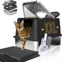 Stainless Steel Litter Box with Lid - XXL Enclosed Anti-Leak Design for Big Cats, Non-Stick Easy Clean Metal Litter Box System with Scoop Set, High-Sided Urine Protection, Sleek Black