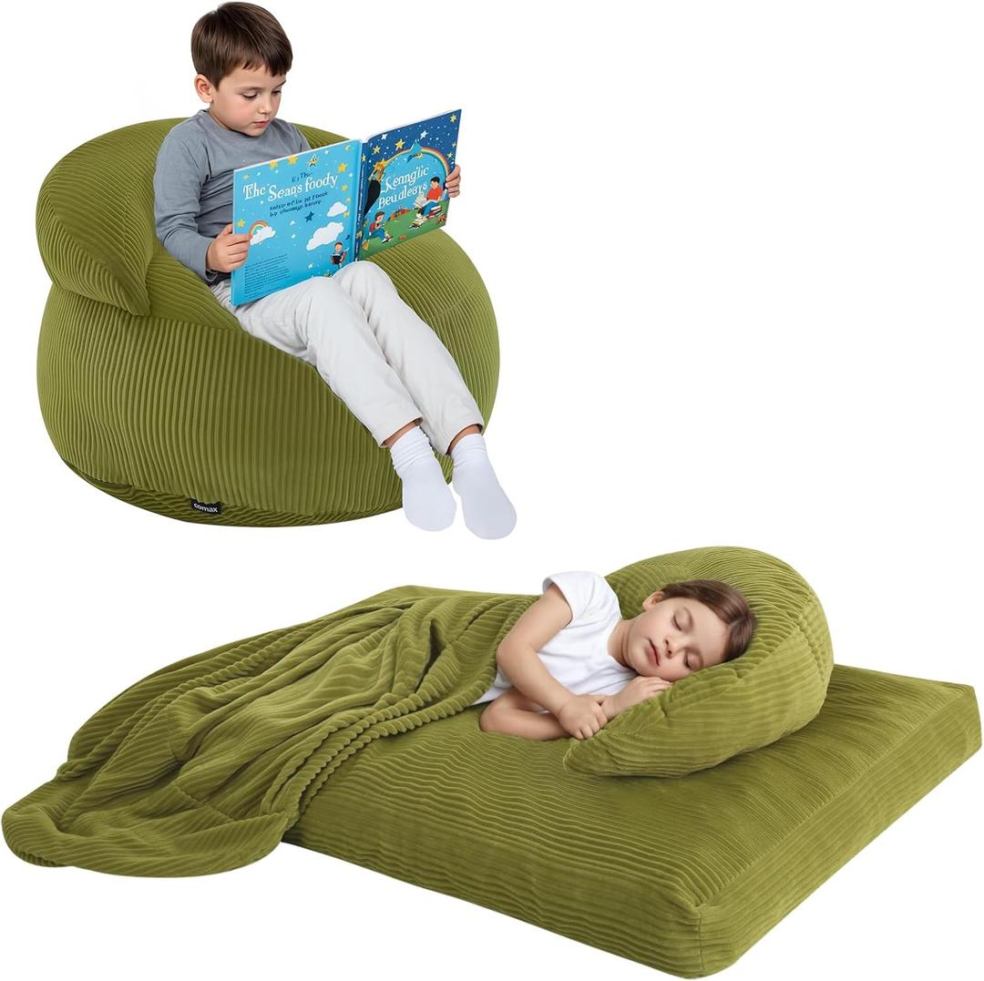 COMAX Bean Bag Chair for Kids, Convertible Toddler Beanbag Bed Corduroy, Children Bean Chair Stuffed to Floor Mattress with Filler, Light Green (29.5"Dx29.5"Wx20.5"H)