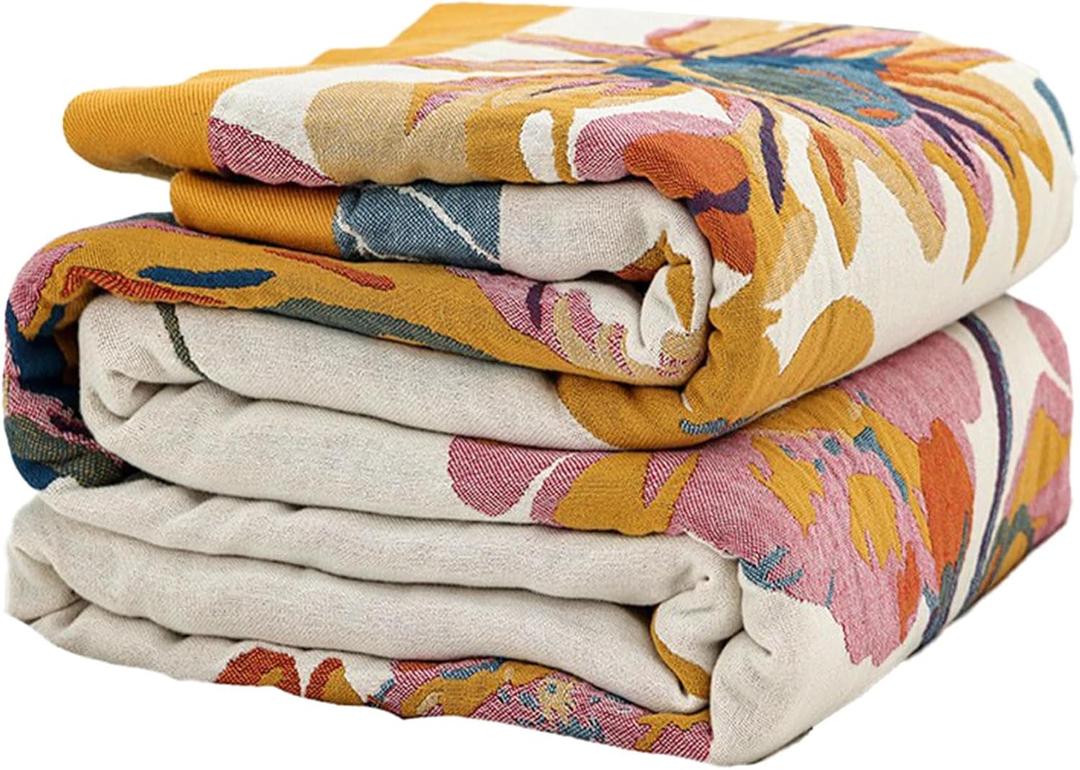 Bailix Boho Throw Blanket for Couch Sofa Bed, 100% Cotton Woven Quilt with Tassel 60”x80”, Super Soft Muslin Blanket with Floral Printed, Decorative Reversible Bed Blanket/Cover for All Seasons