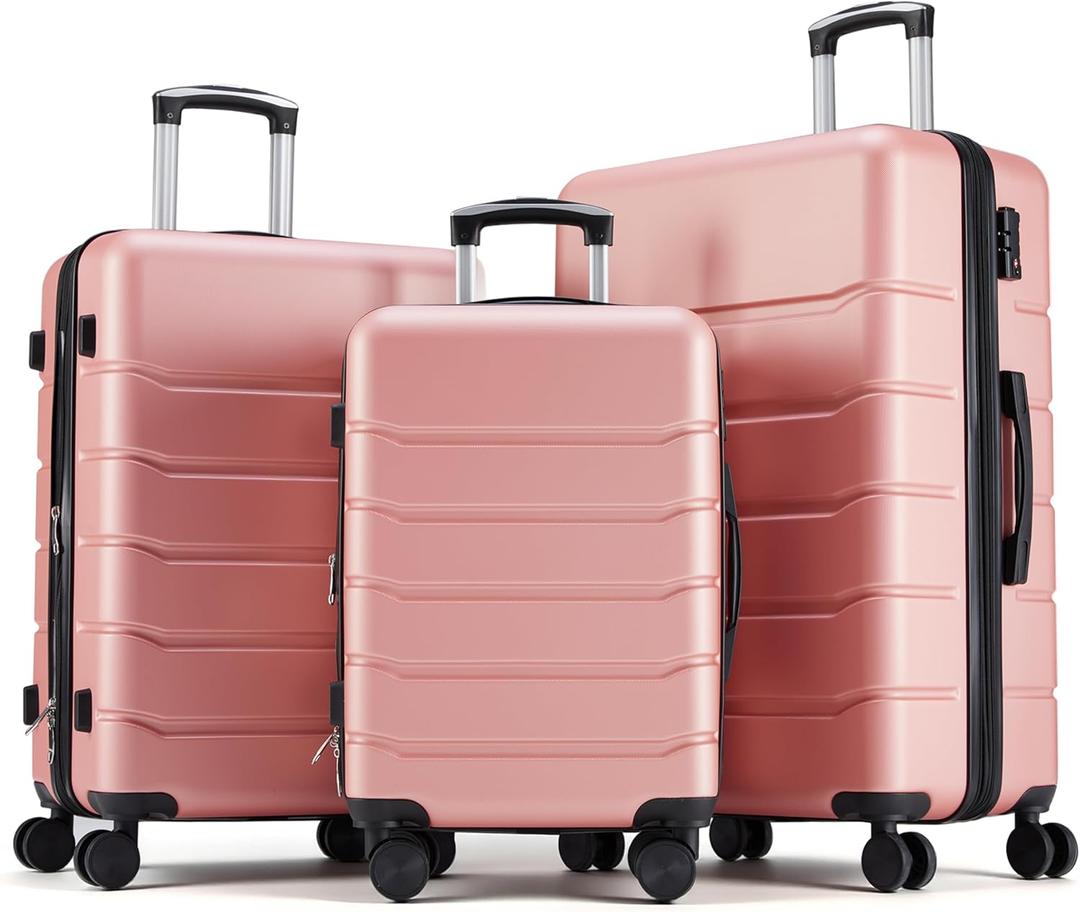 HealSmart Hardside Carry-On Luggage, Expandable Portable Hard shell Luggage with Spinner Wheels, Lightweight Suitcase TSA Lock, Pink, 3-Piece Set (20/24/28)