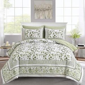 Dobuyly Floral Queen Comforter Set, 7 Piece Bed in a Bag Queen Size Sage Green Flowers on White Botanical Bedding Set, Soft Microfiber Bedding Comforter Sets with Sheets for All Season