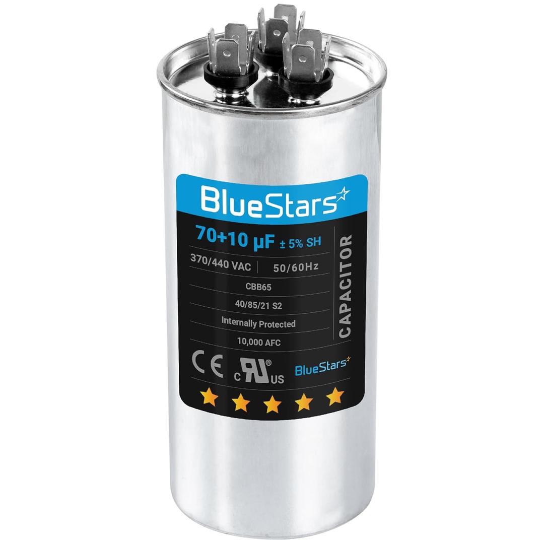 [UL Listed] BlueStars 70+10 uF 70/10 MFD 5% 370V/440VAC Dual Run Start Capacitor Air Conditioner CBB65 50/60Hz, 10000AFC - for AC Unit Fan Motor Start or Heat Pump or Condenser Straight Cool