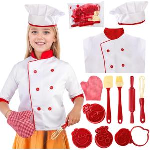 Noamus 11 Pcs Kid Chef Role Play Costume Set, Pretend Chef Outfit with Realistic Accessories, Kitchen Toys Kid Cooking Dress-Up Set, Chef Supplies Role Play Gifts for Boy Girl Ages 3+, Halloween