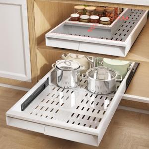 2 Pack Pull Out Cabinet Organizer With Raising Pad for Framed Cabinets,Expandable Width (11"-16") and Depth (17"-24"),3 Slide Rails Slide Out Drawers with Handle,No-Drill Roll Out Shelf,White