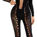 FHSEER Women Sexy See Through Skinny Jumpsuit Long Sleeve Mesh Hollow Out Bodycon Cut Out Romper (A)