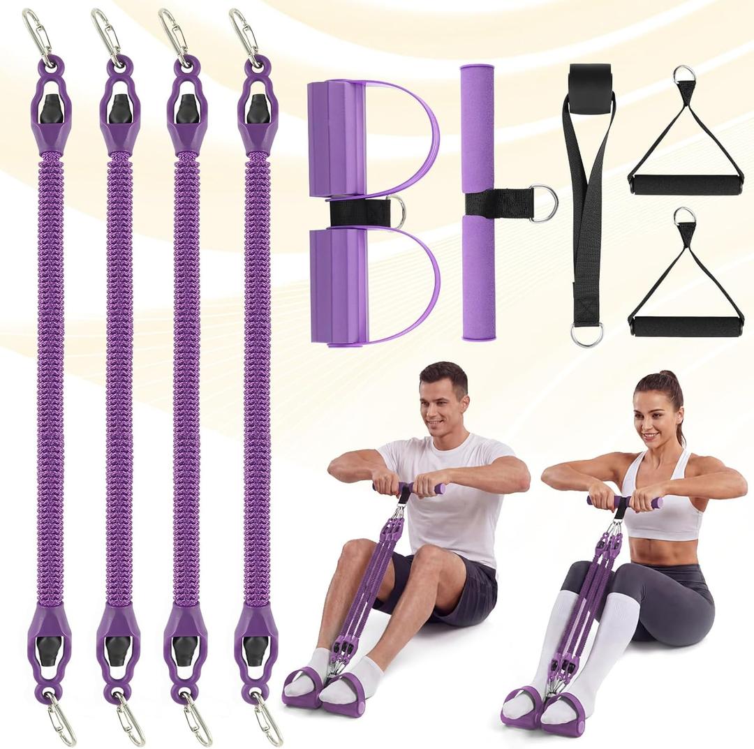 Upgrade Foot Pedal Resistance Bands with Handles, 4 Tube Adjustable Resistance Bands for Abdomen, Waist, Arm, Core/ABS, Leg Workout - Stirrup Puller for Men Women for Full Body Workout, Purple