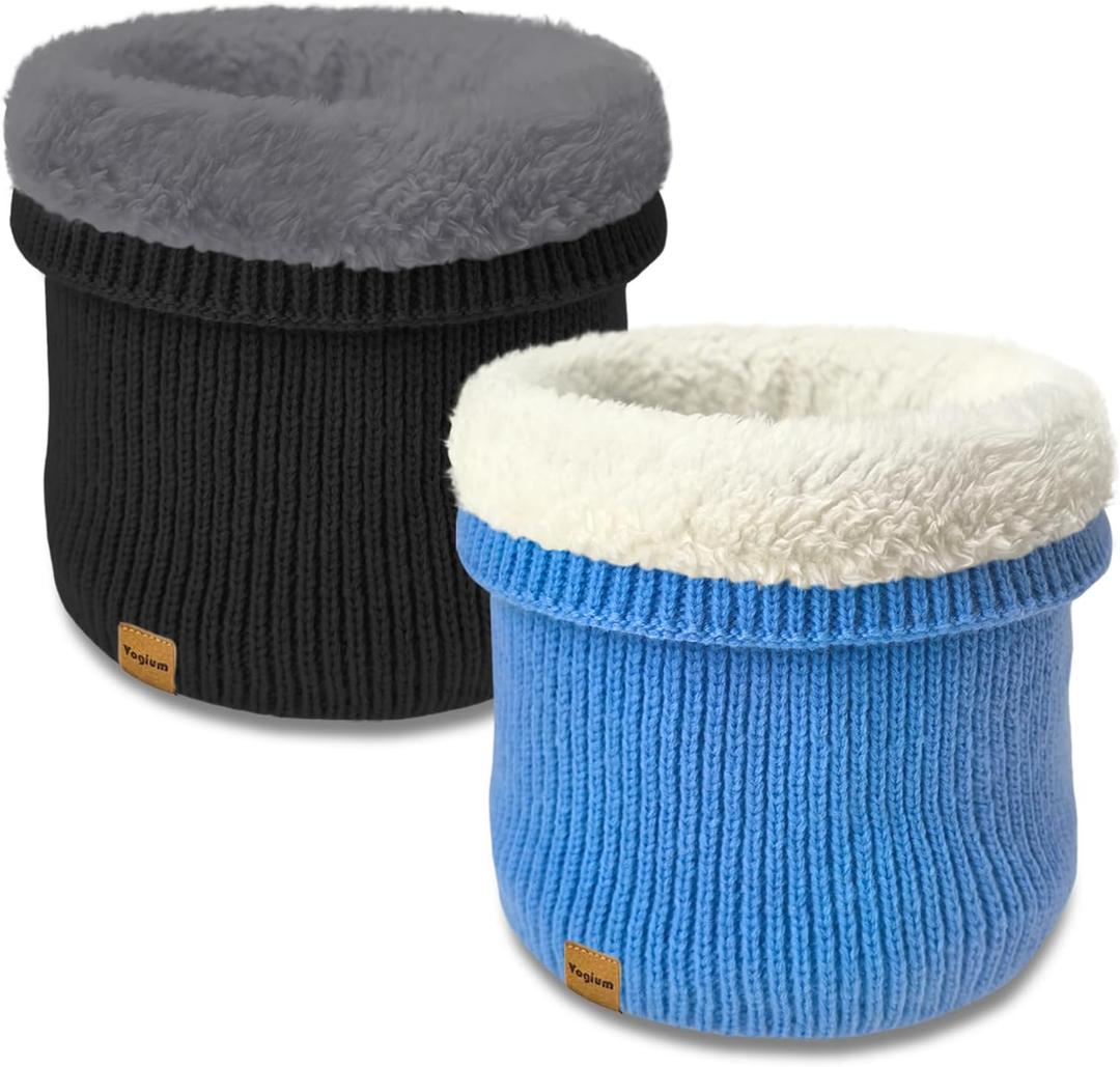 Unisex Kids Fleece-Lined Ribbed Thermal Knit Neck Warmer Gaiter | Dual Layer Winter Scarf Face Cover for Skiing Hiking (Black/Light Blue)