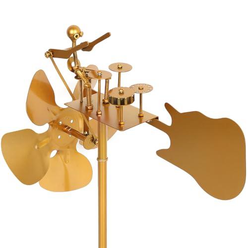 Handmade Metal Drummer Windmill, Percussionist Music Figurines and Statues, Rockin Art Figurine, Wind-Powered Kinetic Sculpture, Wind Spinner， Windmill Decoration for Yard Lawn Garden Patio Decor.