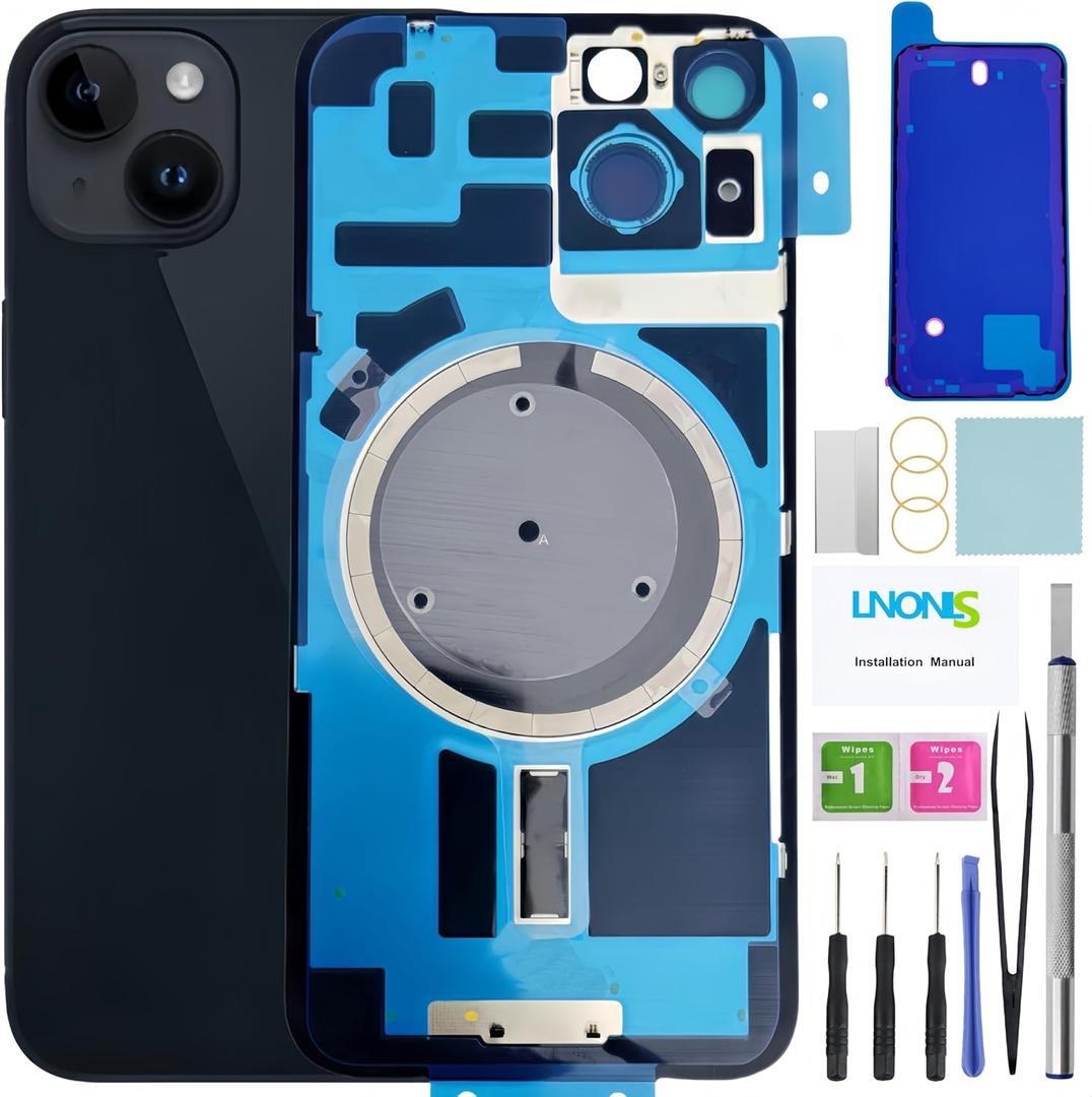 14 Back Glass Replacement for iPhone 14 Rear Back Cover Glass with Waterproof Frame and Camera Lens+Professional Repair Tool Kit (Midnight)