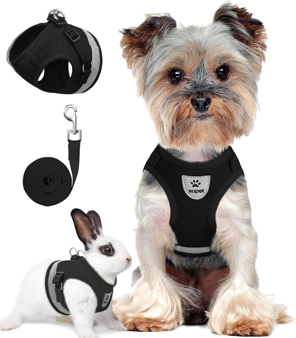Supet Cat Harness and Leash Set - Soft Mesh Adjustable Cat Vest Harness with Reflective Strap for Walking Cat and Puppy Rabbit (L (Chest: 15.0" - 17.0"), Black)