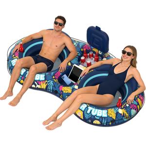 Pool Floats Adult, 2 Person River Tubes Inflatable 5-in-1 Heavy Duty River Raft with Backrests Builtin Cooler 2 Cup Holders Floating Lounge for Lake Swimming Tanning Pool Toys Summer Relaxation