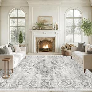 9x12 Area Rugs for Living Room, Machine Washable Non Slip Vintage Rug, Non-Slip Stain Resistant, Large Soft Home Decor Rug for Bedroom Dining Room (Ivory/Gray,9'x12')