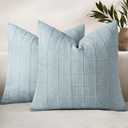 Woaboy Linen Check Throw Pillow Covers Light Blue Farmhouse Modern Boho Vintage Coastal 20x20 Inch Set of 2 Decorative Cushion Covers for Sofa Couch Bedroom Living Room Home Decor